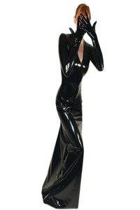 Plus -storlek S6XL PVC Vneck Lång klänning med anslutna handske kvinnor Cosplay Catwoman Performance Costume Sexig BodyCon Club Dress9602692
