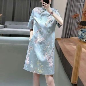 Ethnic Clothing 2024 Chinese Improved Loose Cheongsam Dress Women Half Sleeve Stand Collar Printed Style Elegant Qipao S493