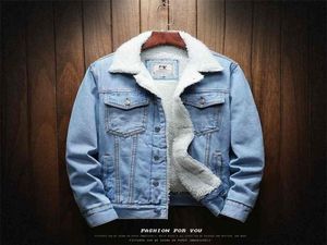 Erkekler açık mavi kış jean ceketleri dış giyim sıcak denim katlar erkekler büyük boy yün astar daha kalın kış denim ceketler boyut 6xl 210921469886