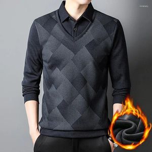Herrpolos mode märke polo skjorta block grafisk långärmad fleece vinter och höst varma kläder koreansk stil för män