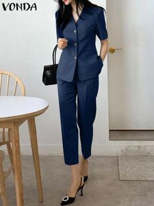 Dress Elegant Women Solid Color Pant Sets 2023 VONDA Summer Short Sleeve VNeck Top and Wide Leg Pants Casual Suits OL 2pcs Streetwear