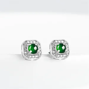 Studörhängen 925 Silver Natural Green Jadeite Pärlor Square Stub Lucky Earring Certificate Luxury Jade Gem Woman's Bridal Ear smycken