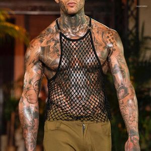 Men's Tank Tops Sexy Men's Clothes Loose Sleeveless See Through Hollow Mesh 2024 Summer Fashion Bottoming Vest Men Streetwear Camisole