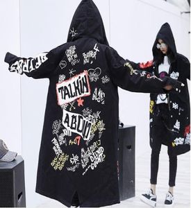 Spring Streetwear Harajuku Dovetail Hooded Trench Coat for Women Casual Graffiti Print Windbreaker Hip Hop Outwear3432239