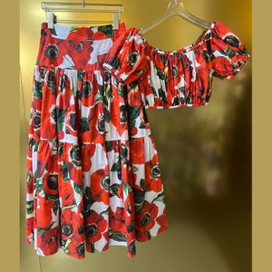 Women's Two Piece Dress Cotton red sea anemone print one slash neck short sleeve top midi A-line skirt