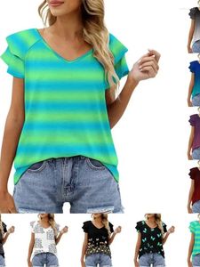 Women's T Shirts 2024 Summer 3D Printed Double Layer Ruffle Sleeve V-neck Light Fashion T-shirt