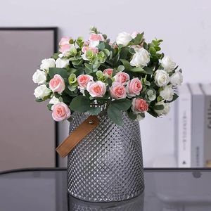 Flores decorativas 11 cabeças decoração de mesa ornamento peônia buquê artificial flor seda rosa eucalipto folhas pano decoração para casa branco