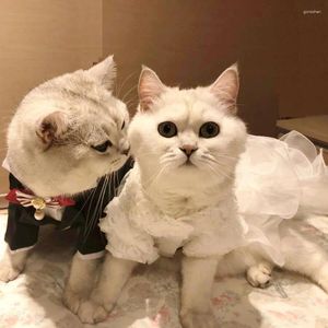 Cão vestuário pequeno gato vestidos de casamento princesa saia roupas para animais de estimação roupas smoking para noiva noivo