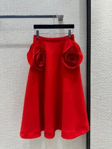 2024 Ny mode 3D Flower Decoration A-line långa kjolar Kvinnor Hög midja dragkedja Fly Big Bottom All-Matched Sweet kjol