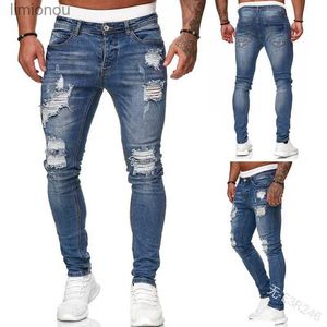 Men's Jeans Men Jeans Knee Hole Ripped Stretch Skinny Denim Pants Solid Color Black Blue Autumn Summer Hip-Hop Style Slim Fit Trousers S-4XLL240119