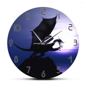 Relógios de parede Fantasia Dragão Impresso Relógio Minimalista Arte Voando Medieval Pagan Wicca Decoração Decoração Relógio Silencioso