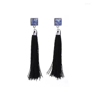 Orecchini pendenti lunghi con frange di corda nera stile etnico pietra quadrata blu per donne Accessori di gioielli Boho