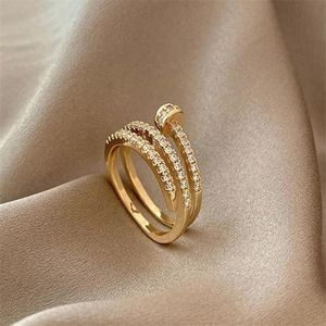 Modedesigner, mehrschichtiger Nagelring, Edelstahlschmuck, exquisiter 14-Karat-echt vergoldeter AAA-Zirkon-Ring, elegante Damenöffnung, verstellbar, Hochzeitsgeschenk, AB253