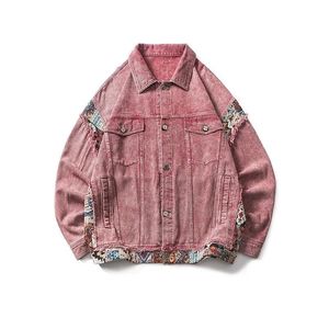 Hip Hop Vintage Patchwork Lapel Jacket Mens and Womens Denim Coat Loose Bf Style Washed Dark Pink Trendy 240118