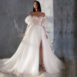 Impressionante linha a longo vestido de noiva vestidos de casamento o pescoço manga longa lantejoulas vestidos de novia com divisão lateral