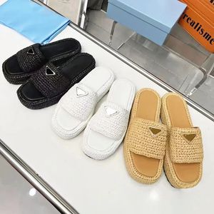 Woman Crochet platform slip-on sandals triangle tazz Slipper Designer shoe Mule indoor prad sandal summer sandale Sliders Straw luxury pink shoes man top beach Slide