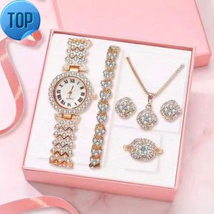 Mode Luxus Voller Kristall 5 Stück Uhr Set Diamant Halskette Ohrringe Set Schmuck Für Frauen Geschenk