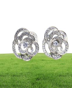 Diamond Camellia ile desen içi boş küpeler S925 STERLING Gümüş Moda Lüks Platin Marka Takı 5605912