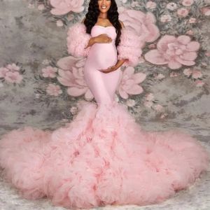 Extra puffy sjöjungfrun moderskapskamlar för fotografering av fotografering tiered ruffles gravida kvinnor klär sig sexiga avtagbara ärmar babyshower klänning bj