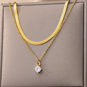 Crystal Zircon Round Charm Layered Pendant 14k Yellow Gold Necklace Set for Women Charms Square Rhinestone Female Vintage Jewelry