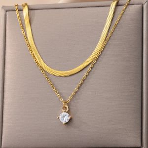 Kristal zirkon yuvarlak cazibesi katmanlı kolye 14k sarı altın kolye, kadınlar için set kare kare rhinestone kadın vintage mücevher