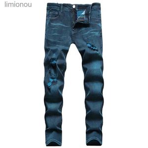 Jeans da uomo Pantaloni in denim strappati con buco slim fit da uomo di alta qualità luce di lusso street fashion jeans blu verdi graffi jeans casual sexy; L240119