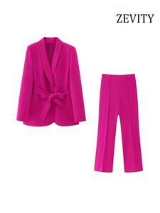 Suits Zevity Women Fashion med Belt Front Hidden Button Blazer Coat och High midje Sidan Dragkedja Pants Female Two Piece Set Mujer Set9
