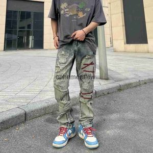 Men's Jeans Y2k Jeans Men High Street Hip Hop Vintage Wash Destruction Embroidery Fashion Trend Slim Straight Jean Pants Trousers Streetwearephemeralew