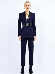 Damen Zweiteilige Hosen Outfits Frauen Marineblau Blazer Hosenanzüge 2024 Mode Lederkragen mit Gürtel Punk Anzug Bürokleidung Set