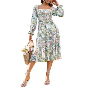 Casual Dresses Midi Dress Bekväma kvinnor Lätt mitten av kalvlängden Klassisk färgglad blommig tryck i midja snörning A-line