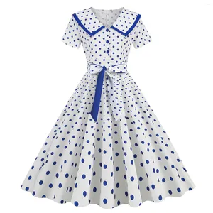 Sukienki swobodne Summer retro vintage rockabilly sukienka z krótkim rękawem Białe niebieskie kropki z lat 80. 90.