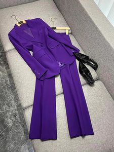 2024 Spring Purple Solid Kolor Dwuczęściowe spodnie Zestawy na wycięte kazele z długim rękawem Jednokalowe Blazery Top + długie spodnie Zestaw Dwuczęściowe garnitury O4J150110