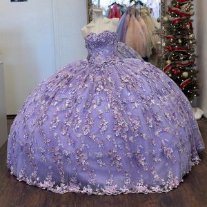 Lavender Quinceanera Dresses Sweetheart 3D Flowers Appliques Beads Tull Lace-up Corset Ruffles prom Vestidos 15 De XV Anos