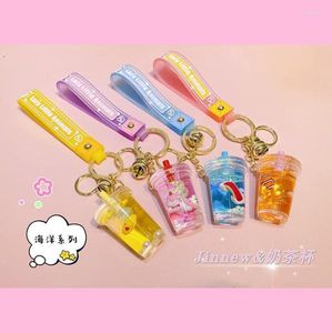 Keychains Fashion Quicksand Ocean Series Milk Tea Cup Keychain Liquid Floating Peal Car Bag Pendant Key Ring Smycken för kvinnor GIR7622800