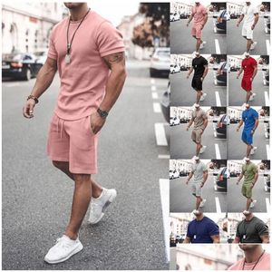 Homens Tracksuits Mens Tracksuits Chegada de Manga Curta Em Branco Verão 2 Peça Casual Set Men Short Setmens Drop Delivery Vestuário Masculino Dh5Zj