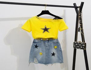 Новая летняя футболка с короткими рукавами и пятиконечной звездой, комплект из 2 предметов, женские джинсовые короткие юбки, большие размеры, комплект из 2 предметов 2104071883208