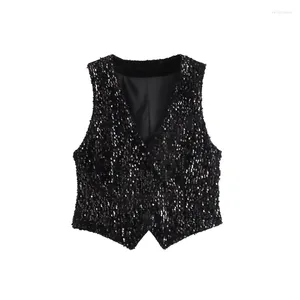 Gilet da donna SLTNX Gilet con paillettes 2024 Scollo a V senza maniche per le donne Gilet streetwear Top da donna Slim Chic