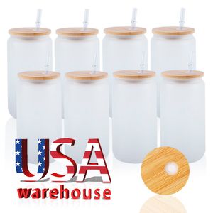 USA Warehouse 16 Oz透明なフロストガラスマグ昇華ガラス竹の蓋付きタンブラー缶Candaa local stocked0118