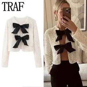 Women's Blouses 2024 Bow Sequin Top Female Glitter Sexy Crop Party For Woman Cut Out Long Sleeve Blouse Women Elegant