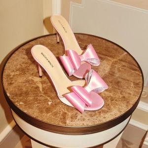 Mach Fashion Satin Slippers Women High Heels Luxury Designer Sandals Elegant Bow Water Diamond Decoration Party Wedding Shoes