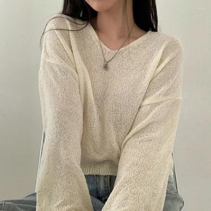 Kvinnors tröjor Kvinnor V-ringning Lös stickad långärmad solid Casual Pullovers Streetwear tröja för 2024 Autumn Winter