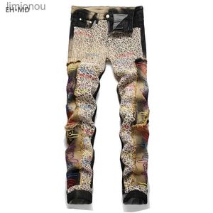 Mäns jeans Leopard Tatterade jeans Herr Snake Skin broderi slitna High Elastic 3D Inner broderi blixtnedslag blekade smala fit byxor ficka 2L240119