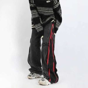 Herrbyxor harajuku hiphop -blixtlås tvättade gamla lösa jeans män ny mode casual punk överdimensionerade breda ben micro blossar byxor streetwearyolq