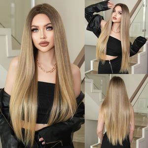 Perucas femininas super longo cabelo liso nórdico natural ouro gradiente fibra química cabeça cheia conjunto atacado peruca loira entrega rápida