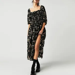 Casual Dresses Fashion Floral Print French Style Maxi Dress Women Backless Slit Party Elegant Folds Elastic Ruffle Square Collar