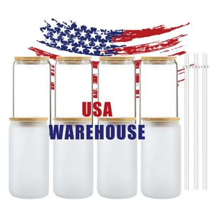 HOT SALE CA USA Warehouse Borosilicate återanvändbar klar frostad isad kaffe te cup sublimering tomt 16oz glas med bambu lock 4.23