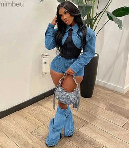 Women's Shorts Street Chic Women's Denim Short Set Long Sleeve Mini Jacket and Jeans Shorts Suit 2023 Summer Two 2 Piece Set Outfits Tracksuitl240119
