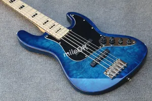 Niestandardowy sklep Vintage 5 ciągów f -Electric Bass Guitar, niebieski pikowany klonowy top, bas na basach materiału, czarna wkładka, hurtownia