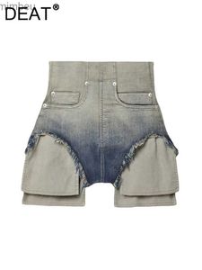 Women's Shorts DEAT Women's Denim Shorts Patchwork Pocket High Waist Gradient Burr Edge Back Zipper Short Jeans 2024 Spring New Fashion 17A6662L240119