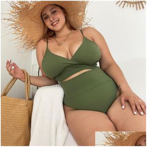 Mulheres Swimwear Mulheres Swimwear Cintura Alta Biquíni Conjunto Cor Sólida Plus Size Big Breast Swimsuit Strappy Y Banhista Natação Desgaste Bathi Dhcg0